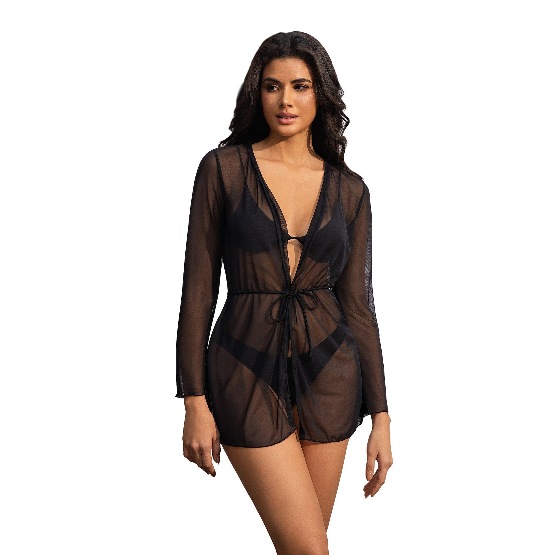 Women's Tan Through Long Sleeve Cover-Up Mini Dress - Sun-Permeable Micro-Mesh Beachwear - Quick-Dry Sheer Tanning Dress - SunKissed