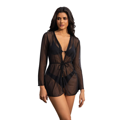 Women's Tan Through Long Sleeve Cover-Up Mini Dress - Sun-Permeable Micro-Mesh Beachwear - Quick-Dry Sheer Tanning Dress - SunKissed