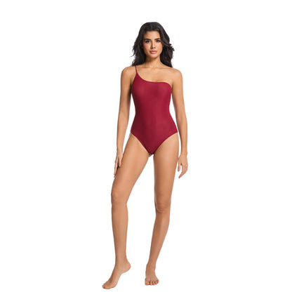 Women's Tan Through One-Shoulder One-Piece Swimsuit - Sun-Permeable Micro-Mesh Body Suit - SunKissed