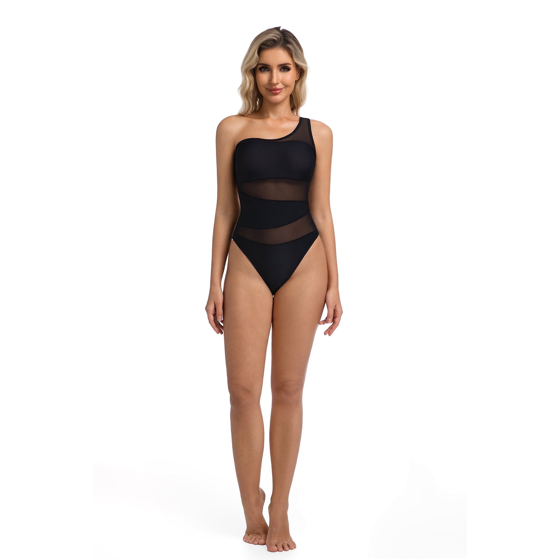 Women's Black One Shoulder Tan Through One Piece Asymmetrical Mesh Panel Swimsuit - No Tan Line Bathing Suit - SunKissed