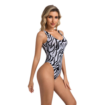 Women's Tan Through Zebra Print One Piece Swimsuit - No Tan Line Scoop Neck Tank Bathing Suit, High Cut - SunKissed