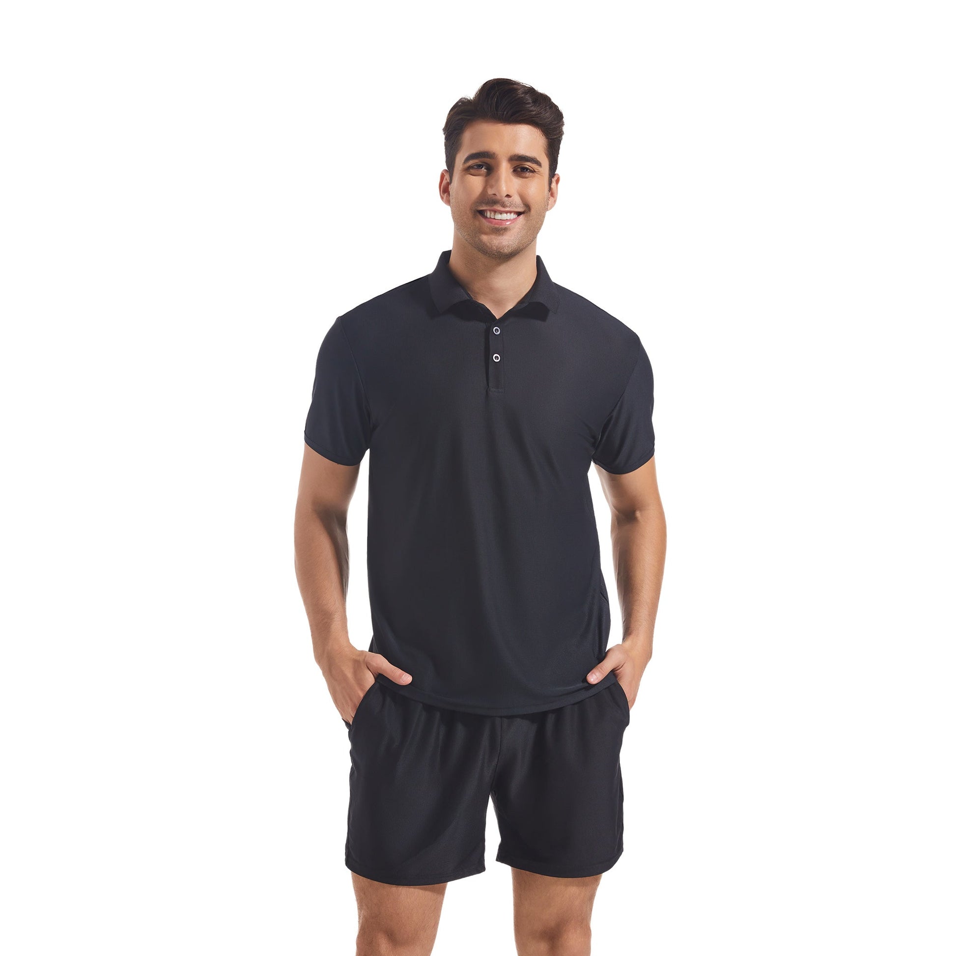 Men's Tan Through Black Polo Shirt & Shorts - Sun-Permeable Technology for an All-Over Tan - SunKissed