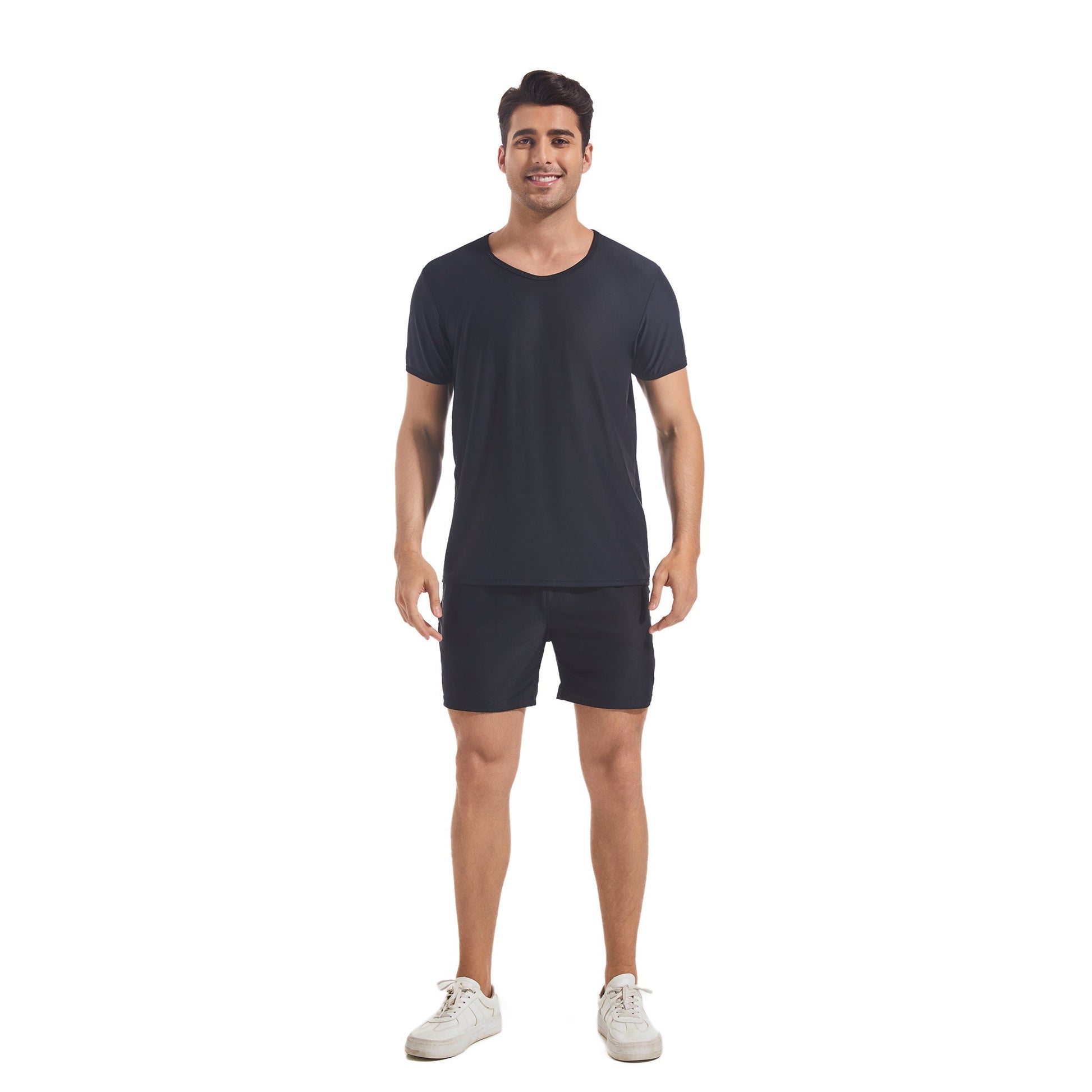 Men's Tan Through Black Round Neck T-shirt & Shorts - Seamless Bronzing Sun-Permeable Gym & Beach Wear - SunKissed