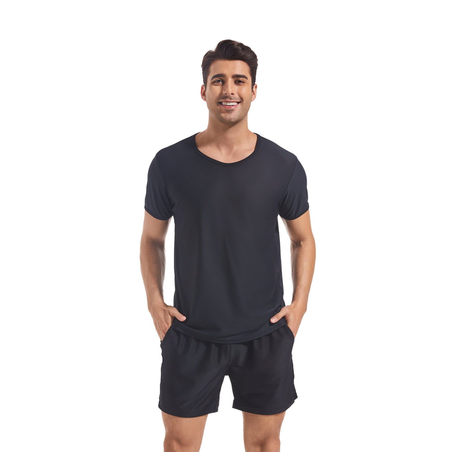 Men's Tan Through Black Round Neck T-shirt & Shorts - Seamless Bronzing Sun-Permeable Gym & Beach Wear - SunKissed