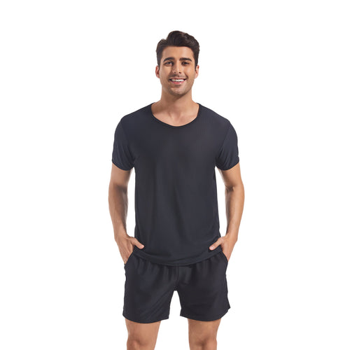 Men's Tan Through Black Round Neck T-shirt & Shorts - Seamless Bronzing Sun-Permeable Gym & Beach Wear - SunKissed
