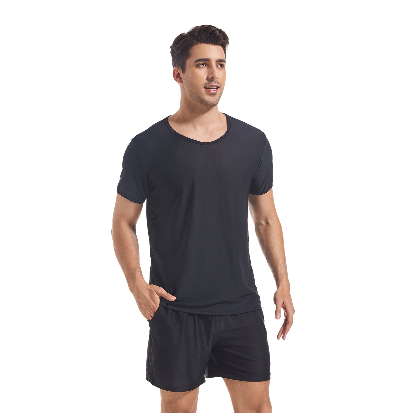 Men's Tan Through Black Round Neck T-shirt & Shorts - Seamless Bronzing Sun-Permeable Gym & Beach Wear - SunKissed
