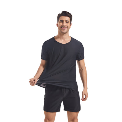Men's Tan Through Black Round Neck T-shirt & Shorts - Seamless Bronzing Sun-Permeable Gym & Beach Wear - SunKissed