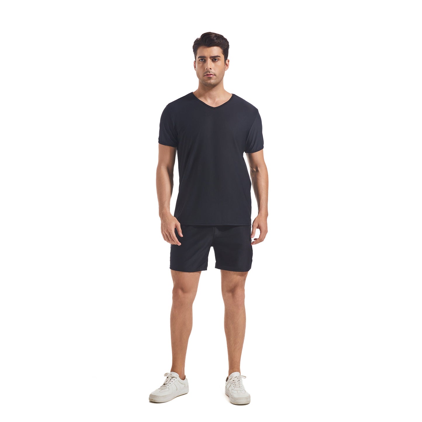Men's Tan Through Black V-Neck T-Shirt & Shorts | UV-Permeable Fabric for Even Tanning - SunKissed
