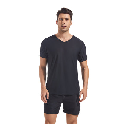 Men's Tan Through Black V-Neck T-Shirt & Shorts | UV-Permeable Fabric for Even Tanning - SunKissed