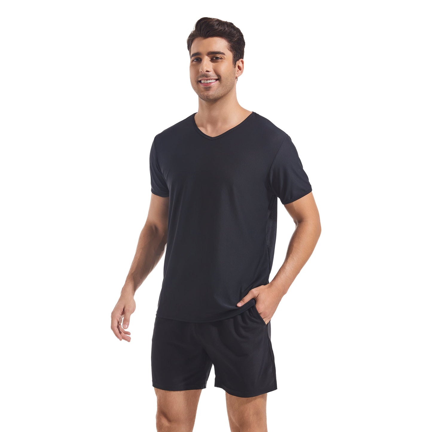 Men's Tan Through Black V-Neck T-Shirt & Shorts | UV-Permeable Fabric for Even Tanning - SunKissed