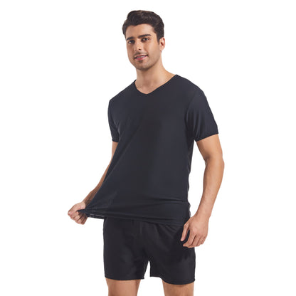 Men's Tan Through Black V-Neck T-Shirt & Shorts | UV-Permeable Fabric for Even Tanning - SunKissed