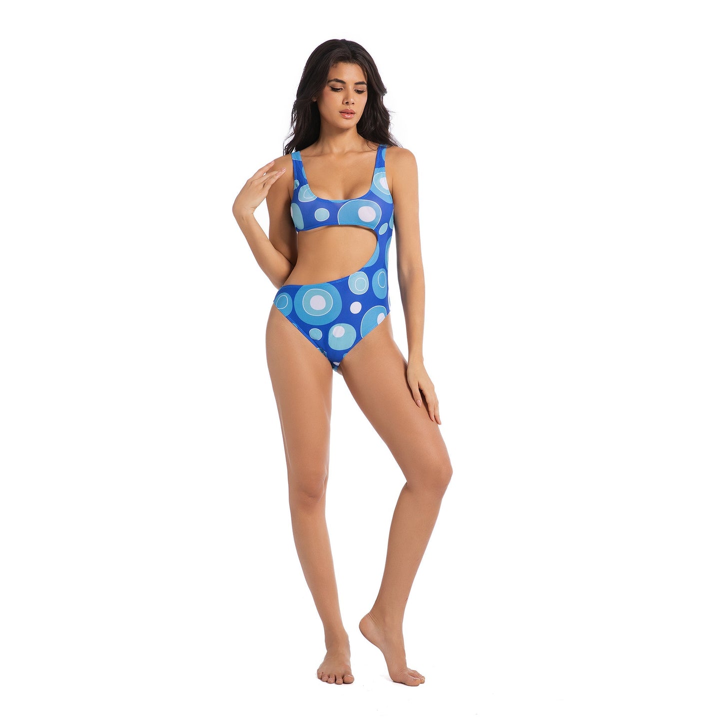 Women’s Blue Retro Geometric Tan-Through Monokini | Cut-Out One-Piece Swimsuit with Tie-Back - SunKissed