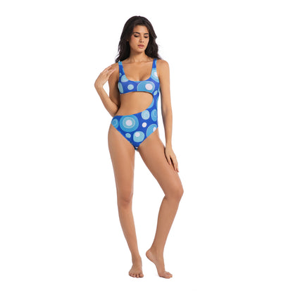 Women’s Blue Retro Geometric Tan-Through Monokini | Cut-Out One-Piece Swimsuit with Tie-Back - SunKissed