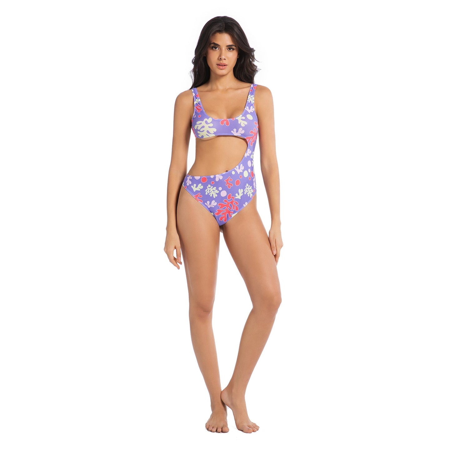 Women’s Purple Tropical Coral Tan-Through Monokini | Side Cut-Out One-Piece with Back Tie - SunKissed