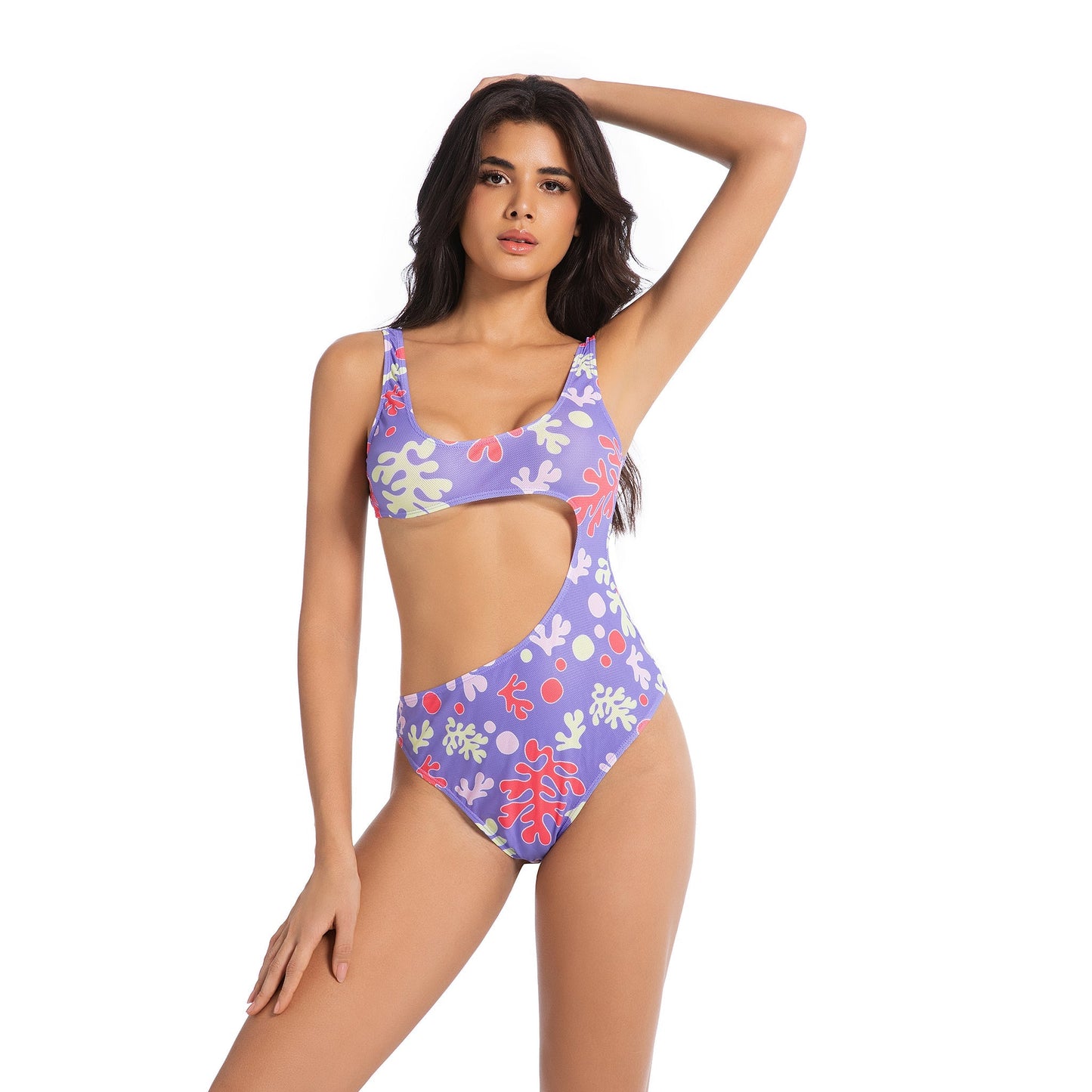 Women’s Purple Tropical Coral Tan-Through Monokini | Side Cut-Out One-Piece with Back Tie - SunKissed