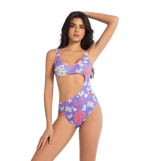 Women’s Purple Tropical Coral Tan-Through Monokini | Side Cut-Out One-Piece with Back Tie - SunKissed