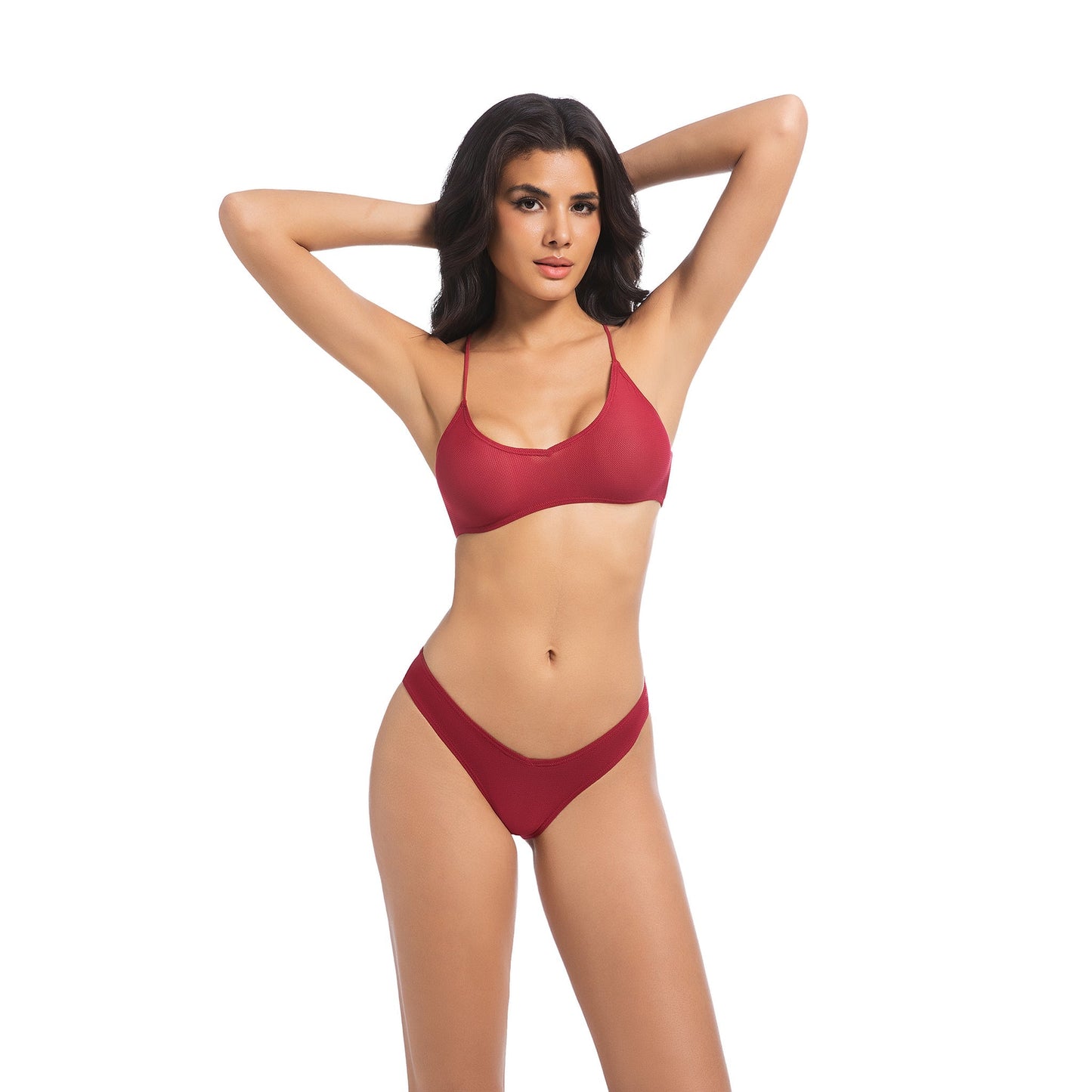 Women's Tan Through Red Micro-Mesh Bikini Set - Two-Piece Sun-Permeable Swimsuit with Criss-Cross Tie Back - SunKissed