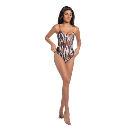 Women’s Tan-Through One-Piece Swimsuit – Tiger Print Sun-Permeable Monokini with Adjustable Spaghetti Straps - SunKissed