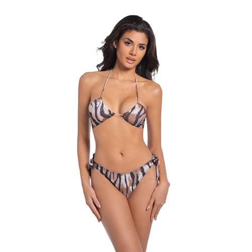 Women’s Tan-Through Tiger Print Bikini Set – No-Line Sun Tanning Halter Top & Tie-Side Bottoms - SunKissed