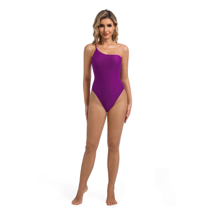 Women's Violet Tan Through One Shoulder One-Piece Swimsuit – Halter Neck with Cut-Out Detail & High-Cut Leg – Essential Resort Wear for a Flawless, All-Over Glow - SunKissed