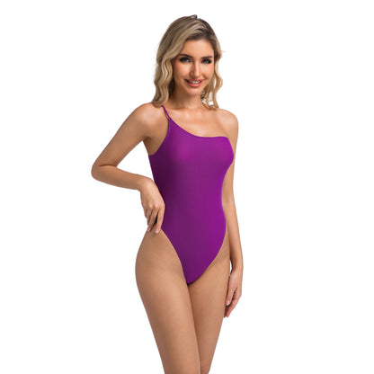 Women's Violet Tan Through One Shoulder One-Piece Swimsuit – Halter Neck with Cut-Out Detail & High-Cut Leg – Essential Resort Wear for a Flawless, All-Over Glow - SunKissed