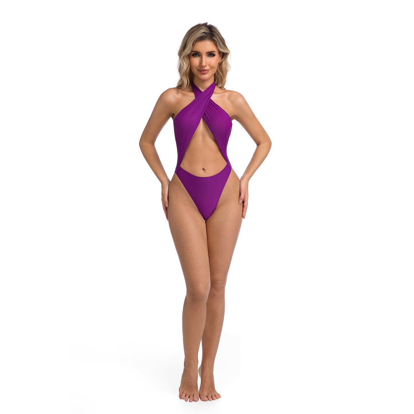 Women's Vibrant Violet Tan Through One-Piece Swimsuit – Elegant High-Neck Design with Open Back – Seamless All-Over Bronze Tanning Swimwear - SunKissed