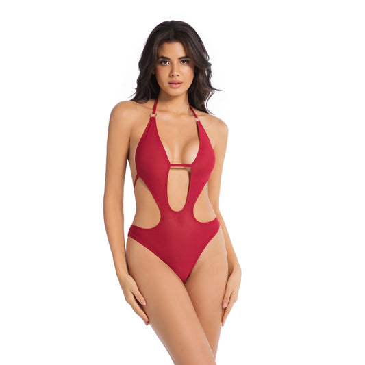 Women's Red Abstract Tan-Through Monokini | High-Cut Cut-Out One-Piece with Back Tie - SunKissed