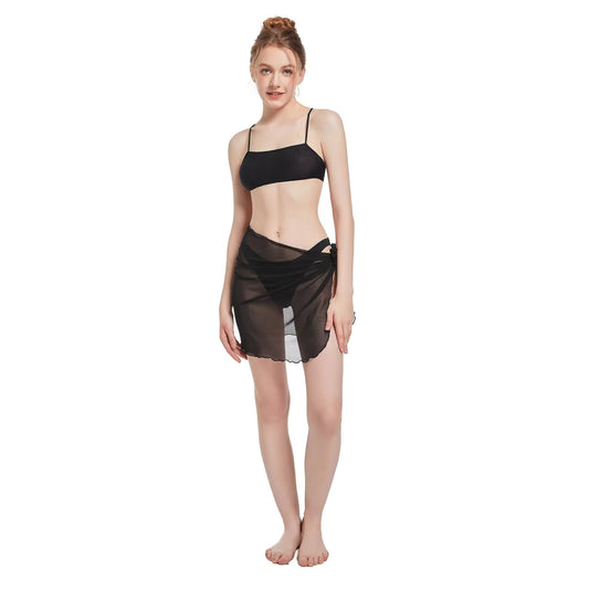 Black Sarong Wrap Bikini Beach Coverup for Women, Tan Through Fabric Beach Tie Wrap Skirt - SunKissed