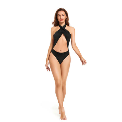 V-Neck, Kriss-Kross Tan Through One-piece Swimwear Girls Halter - SunKissed