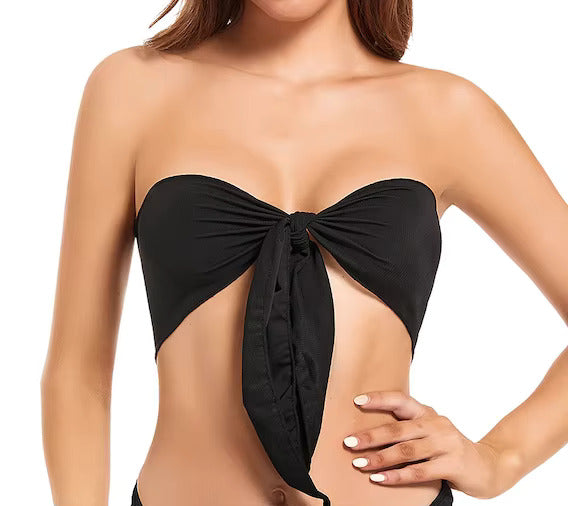 Sexy Tan Through Bikini Swimwear Bow Tie Bathing Suit Beachwear Black - SunKissed