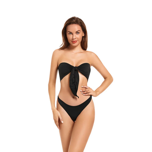 Sexy Tan Through Bikini Swimwear Bow Tie Bathing Suit Beachwear Black - SunKissed