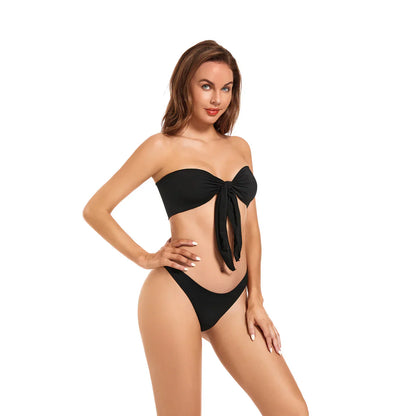 Sexy Tan Through Bikini Swimwear Bow Tie Bathing Suit Beachwear Black - SunKissed