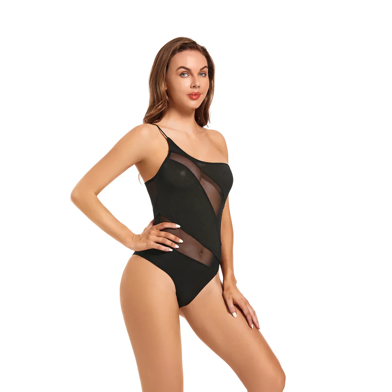 Black Tan Through One Shoulder Bikini Stripe Lace One Piece Swimsuit - SunKissed