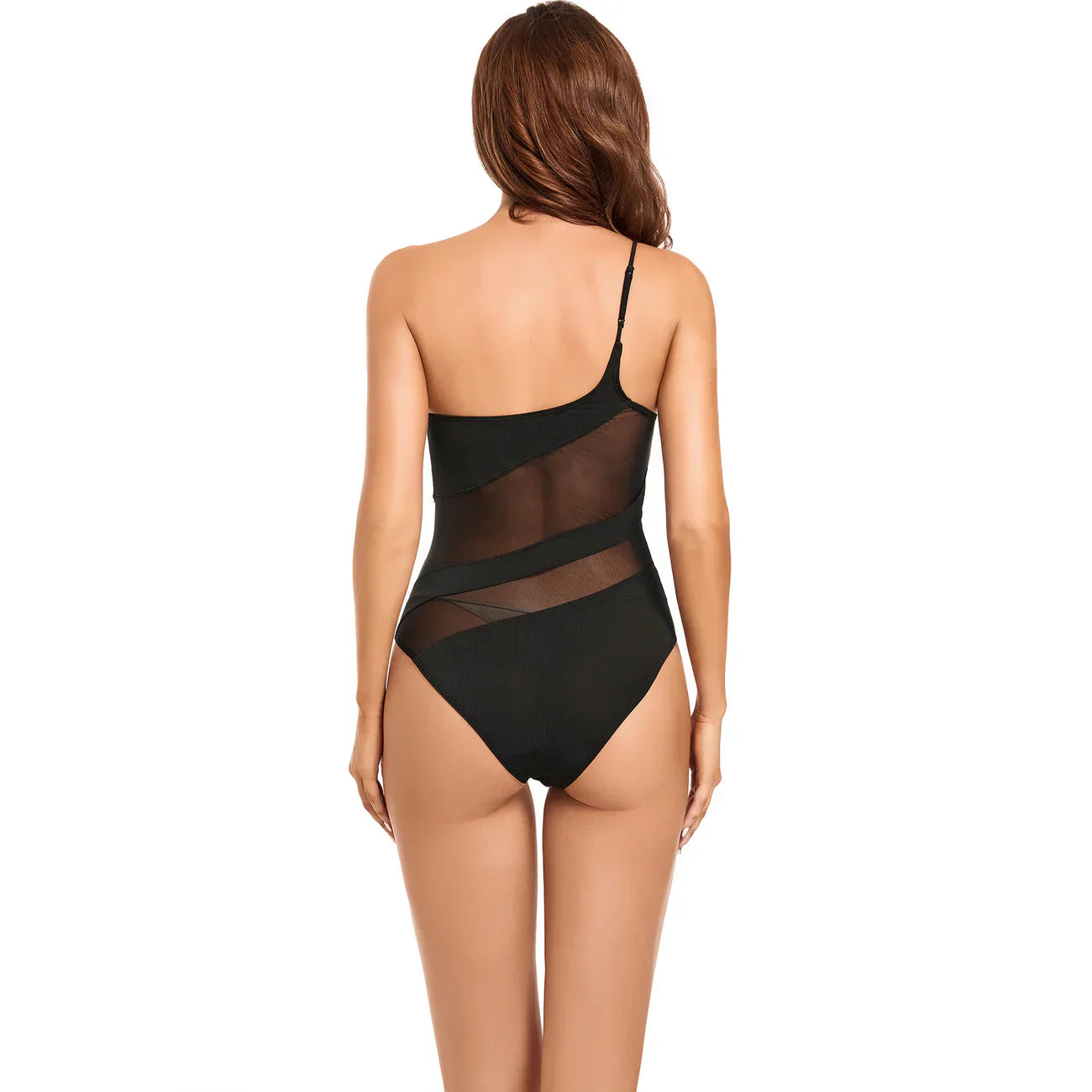 Black Tan Through One Shoulder Bikini Stripe Lace One Piece Swimsuit - SunKissed